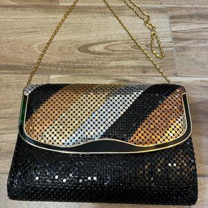 Vintage Black Silver Gold Link Mesh Evening Purse Clutch Crossbody Retro 80s